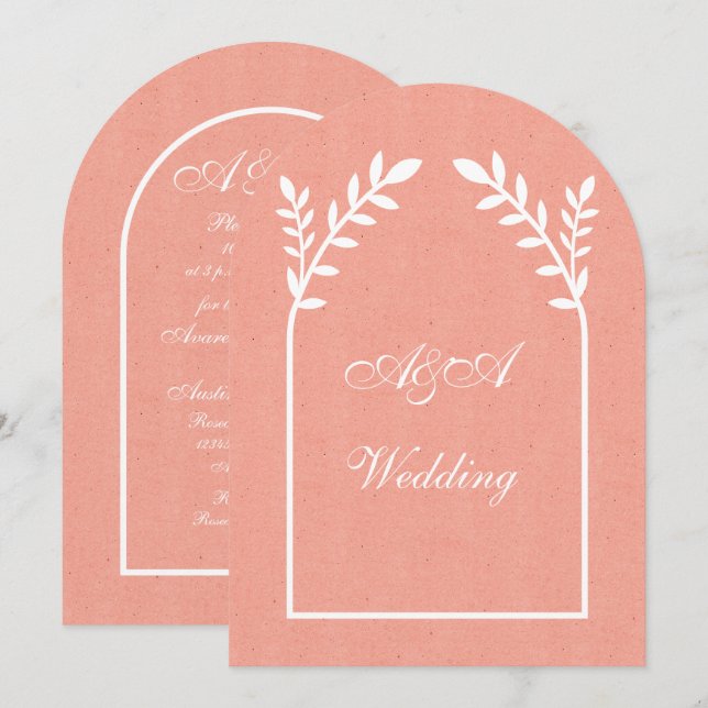 Invitación de boda minimalista de melocotón y blan (Anverso / Reverso)