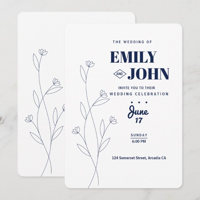 Invitación de boda minimalista floral simple moder (Anverso / Reverso)