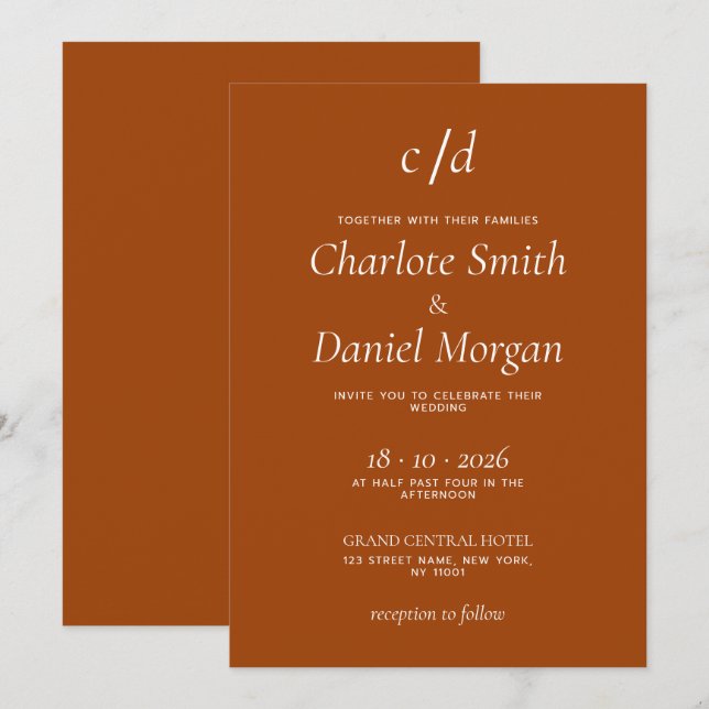 Invitación de boda minimalista moderna de terracot (Anverso / Reverso)