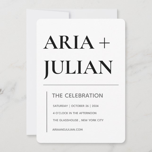 Invitación de Boda Minimalista Moderna en Blanco y (Anverso)