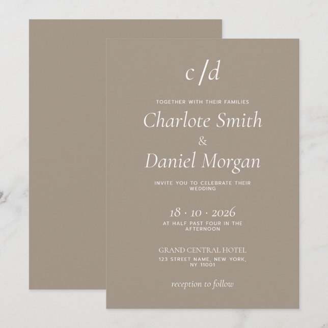 Invitación de boda minimalista moderna marrón clar (Anverso / Reverso)