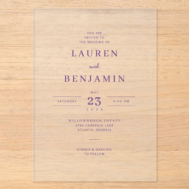 Invitación de boda minimalista morada sofisticada (Anverso)