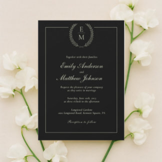 Invitación de boda minimalista negra y salvia