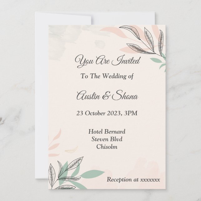 Invitación de boda minimalista, rosa, verde (Anverso)
