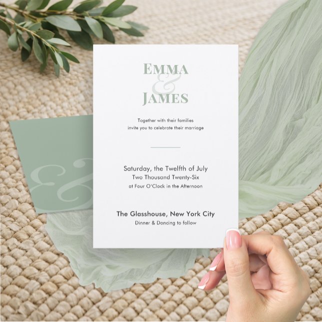 Invitación de boda minimalista Sage | Código QR (Modern sage wedding invitation with minimalist typography and a soft, elegant design.)