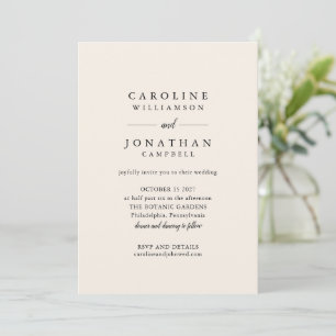 Invitación de boda minimalista serif de marfil neg