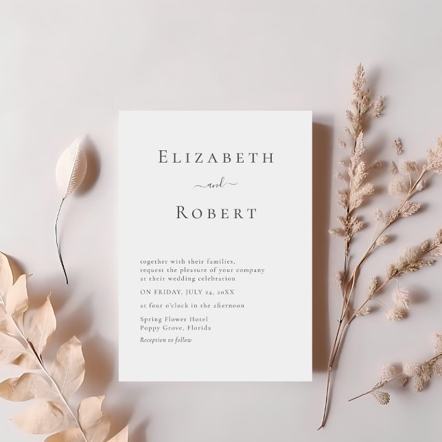 Invitación de Boda Minimalista Simple en Blanco y  (Black & White Simple Minimalist Wedding Invitation on a table with pale pink dry flowers.)