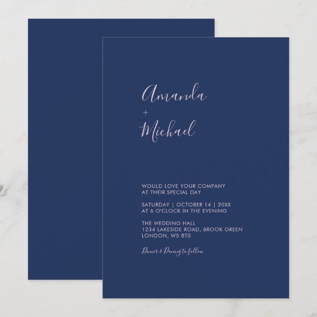 Invitación de boda minimalista simple rosa y azul  (Anverso / Reverso)