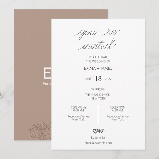 Invitación de boda minimalista Taupe Mocha (Anverso / Reverso)
