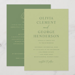 Invitación de boda minimalista verde a doble cara