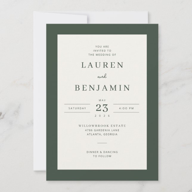 Invitación de boda minimalista verde elegante (Anverso)