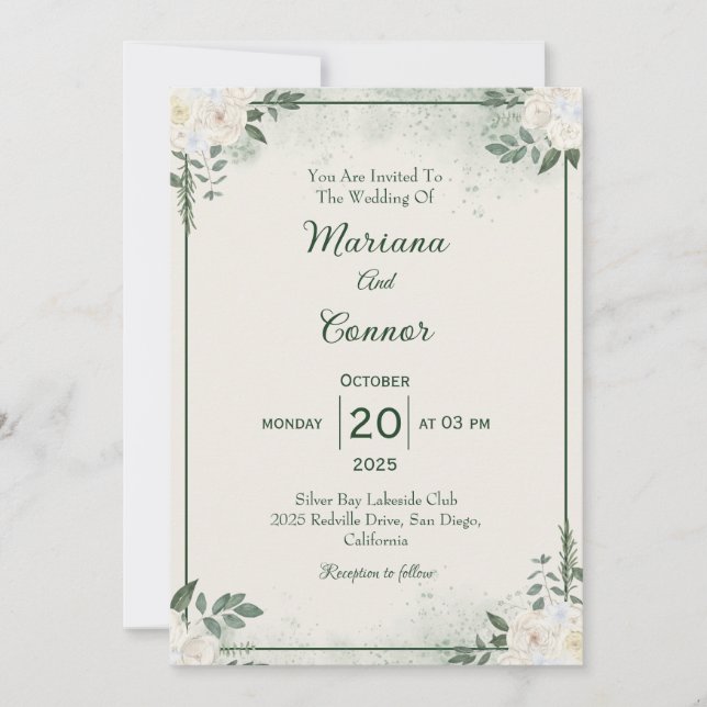 Invitación de boda minimalista verde moderna (Anverso)