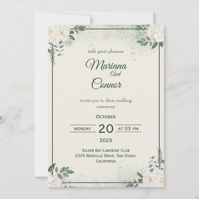 Invitación de boda minimalista verde oliva (Anverso)