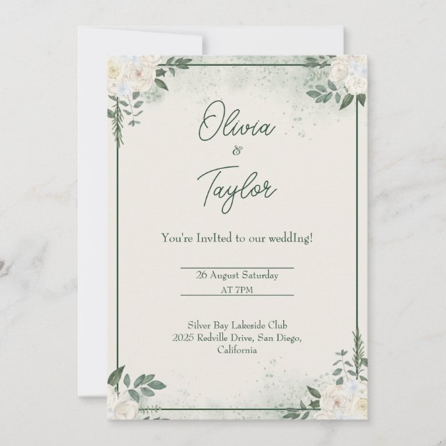 Invitación de boda minimalista verde profundo (Anverso)