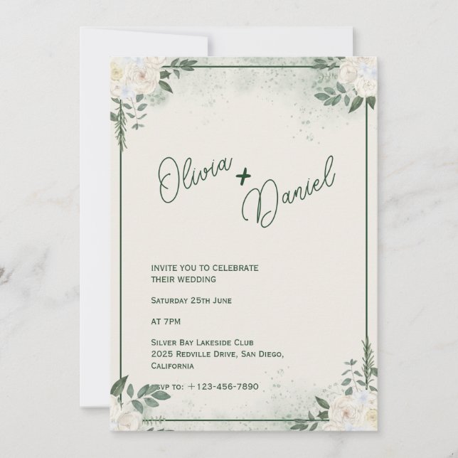 Invitación de boda minimalista verde silenciada (Anverso)