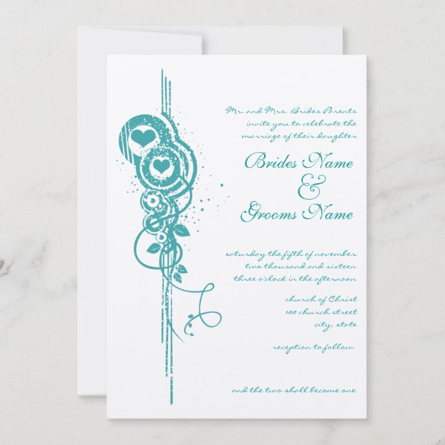 Invitación de boda Mint Heart Circles y Swirls (Anverso)