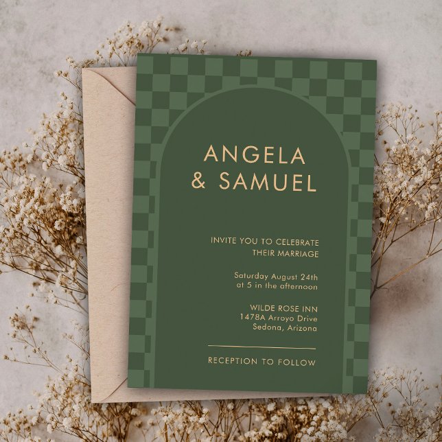 Invitación de boda moderna a cuadros verde esmeral (Subido por el creador)