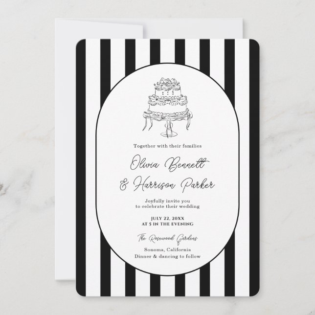 Invitación de boda moderna a rayas blancas y negra (Anverso)