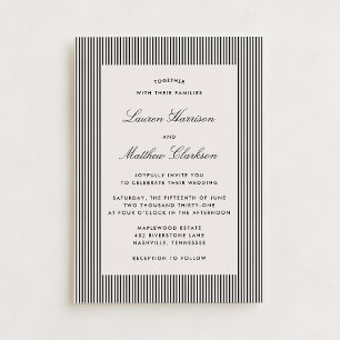 Invitación de boda moderna a rayas negras y marfil