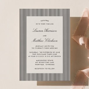 Invitación de boda moderna a rayas negras y marfil