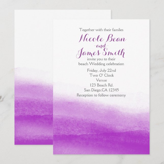 Invitación de boda moderna acuarela fucsia (Anverso / Reverso)
