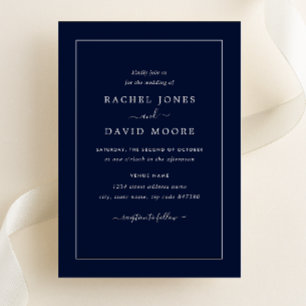 Invitación de boda moderna azul marino y blanca