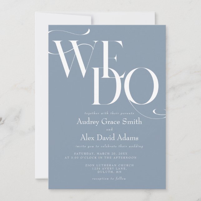 Invitación de boda moderna azul polvoriento We Do (Anverso)