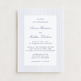 Invitación de boda moderna azul y blanca con raya 