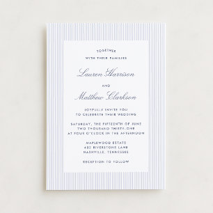Invitación de boda moderna azul y blanca con raya 