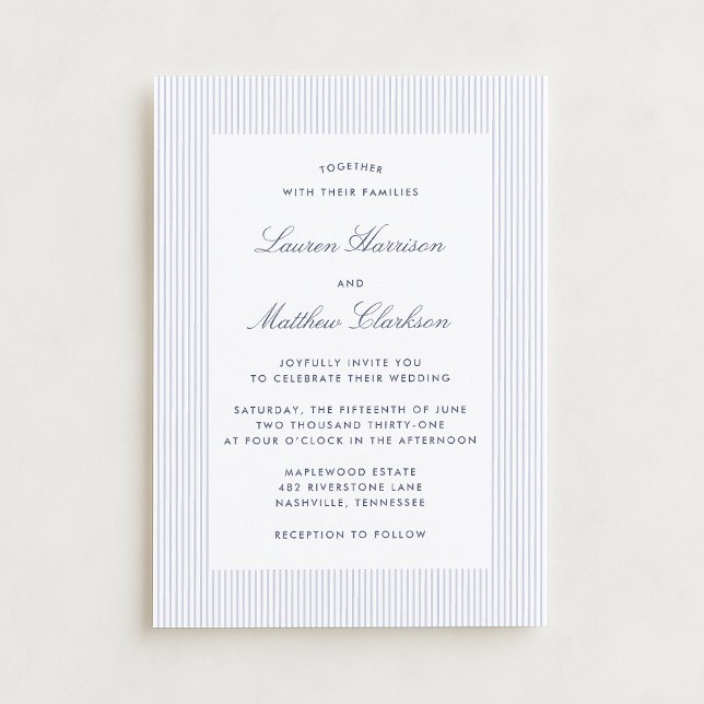 Invitación de boda moderna azul y blanca con raya  (Subido por el creador)