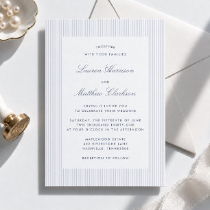 Invitación de boda moderna azul y blanca con raya