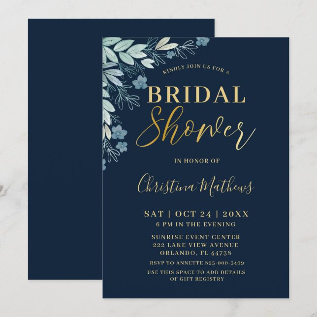 Invitación de boda moderna azul y dorada con flore (Anverso / Reverso)