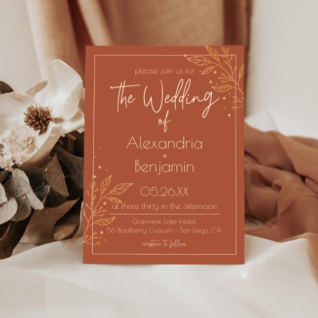 Invitación de boda moderna boho terrosa marrón y d (Subido por el creador)