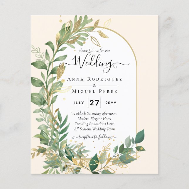 Invitación de boda moderna botánica verde hoja dor (Frente)