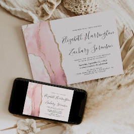 Invitación de boda moderna con agata rosa y dorado