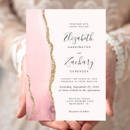 Invitación de boda moderna con agata rosa y dorado