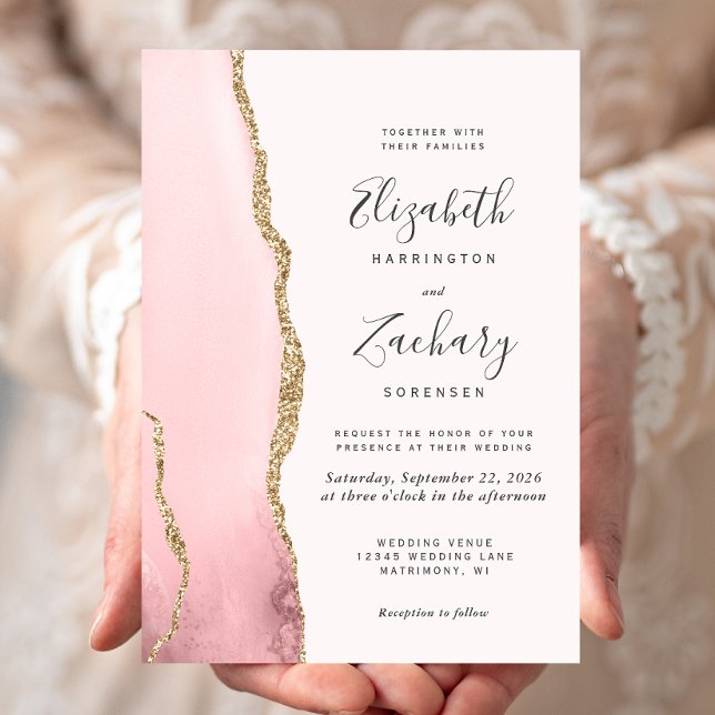 Invitación de boda moderna con agata rosa y dorado (Subido por el creador)