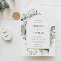 Invitación de boda moderna con arco de oro y eucal