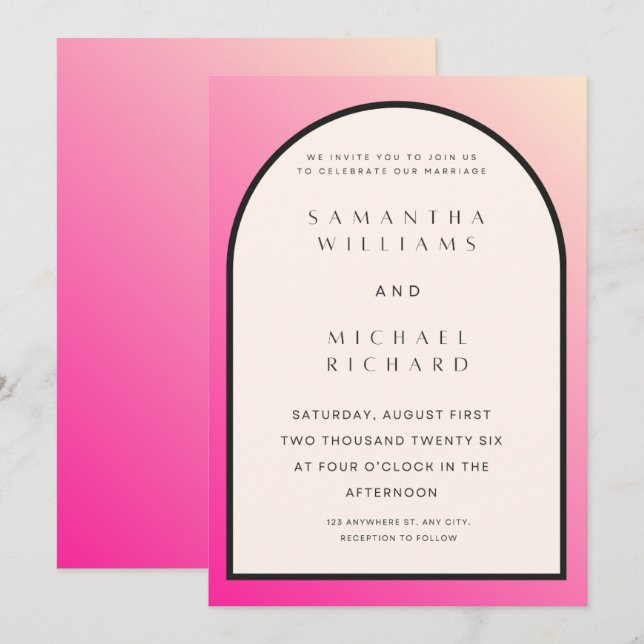 Invitación de boda moderna con arco ombre rosa - P (Anverso / Reverso)