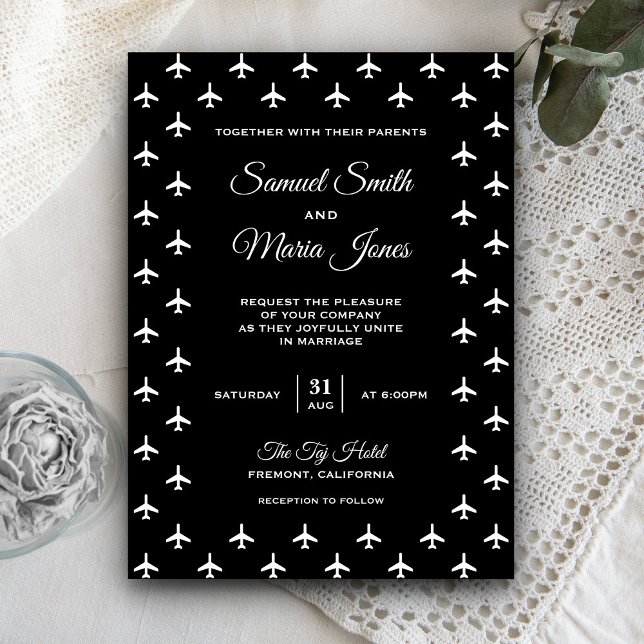 Invitación de boda moderna con aviones en blanco y (Subido por el creador)