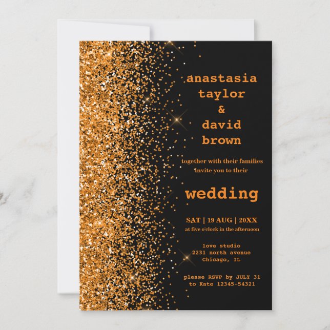 Invitación de boda moderna con brillo dorado (Anverso)