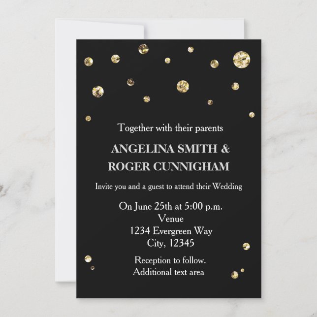 Invitación de boda moderna con brillo negro y dora (Anverso)
