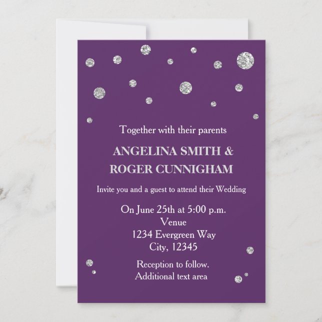 Invitación de boda moderna con brillo púrpura y pl (Anverso)