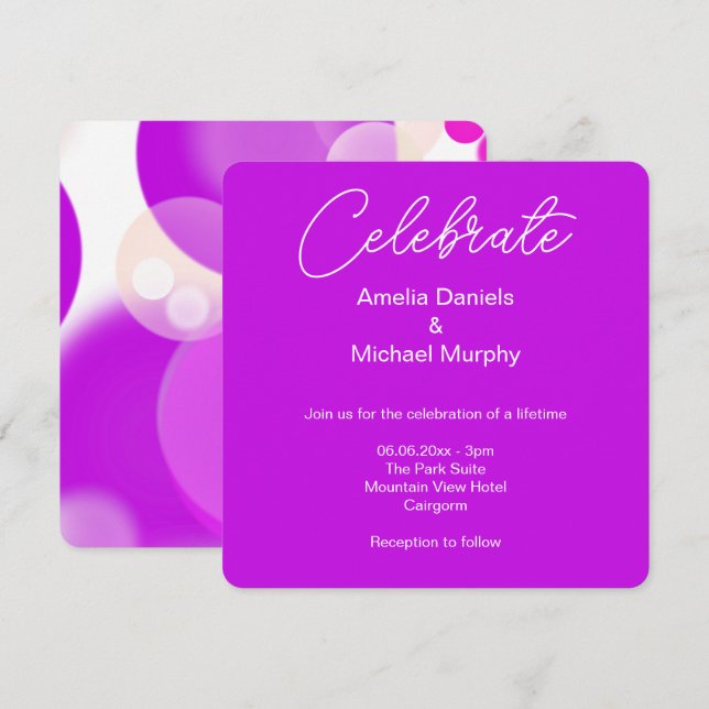 Invitación de boda moderna con burbuja magenta y b (Anverso / Reverso)