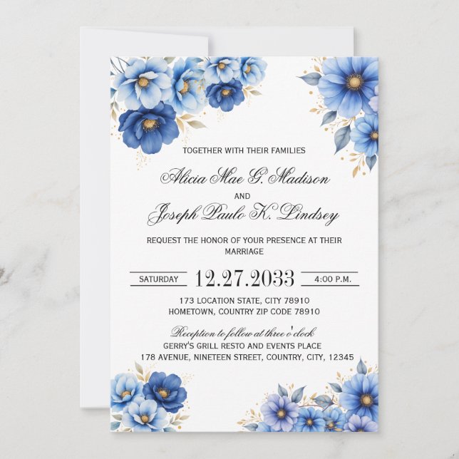 Invitación de boda moderna con flores azules marin (Anverso)