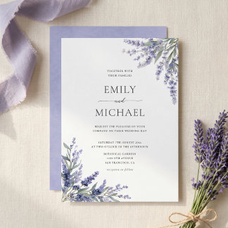Invitación de boda moderna con flores lavanda púrp