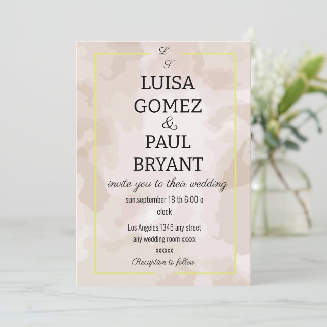 Invitación de boda moderna con fondo pastel (Anverso de pie)