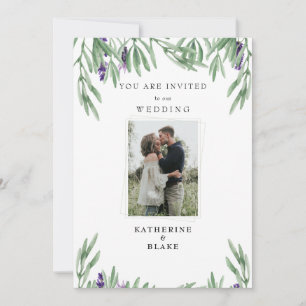 Invitación de boda moderna con foto y follaje lava