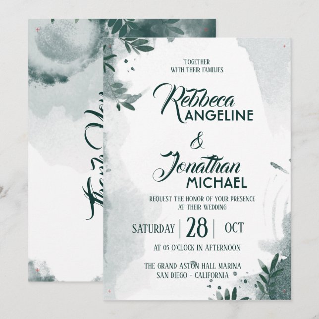 Invitación de boda moderna con geometría y vegetac (Anverso / Reverso)