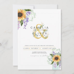 Invitación de Boda Moderna con Girasoles y Wisteri